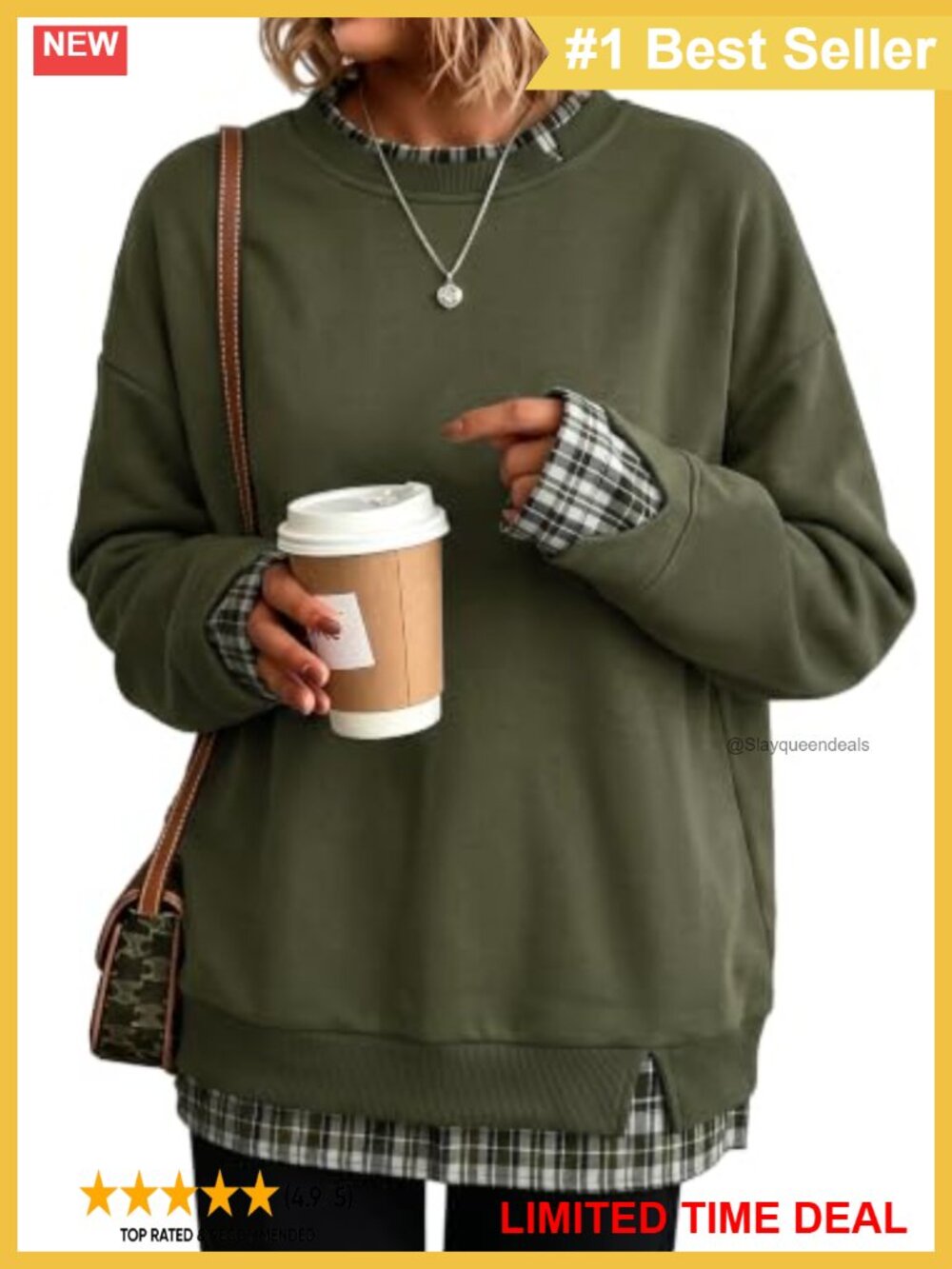 Womens Oversized Sweatshirt Cut-Out Plaid Patchwork Crew Neck Loose Pullover